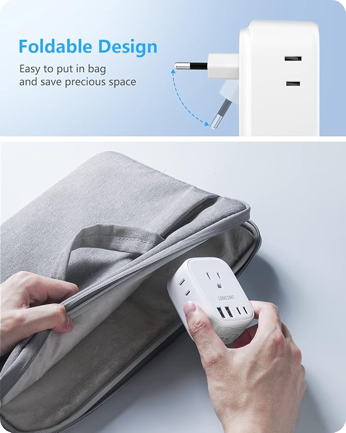 2 Pack European Travel Plug Adapter, LENCENT US to Europe Type-C Foldable Power Plug with 4 Outlets 4 USB Ports (2 USB C), Power Adaptor for USA to EU Euro Iceland Spain Italy France Germany Greece
