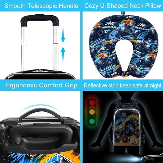 5Pcs Kids Suitcase Set for Boys, 16.5" Hardside Luggage with Spinner Wheels, Truck Travel Carry on Luggage Airline Approved (Black)