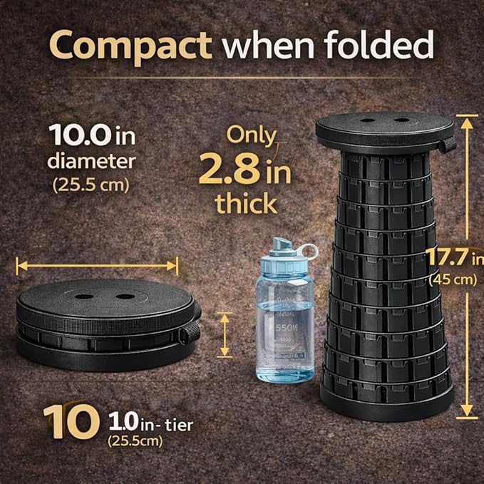 Telescoping Folding Camping Stool, Portable Adjustable Height Outdoor Chair, 1-Second Setup, Compact Lightweight for Camping, Fishing, Hiking (Black)