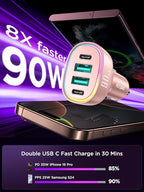Car Charger USB C, 4 Port 90W Super Fast Charging for iPhone 17 Car Adapter, Dual PD 45W Type C & QC 3.0 USB A Multiport Car Cigarette Lighter Accessories for iPhone 16 15, iPad, Galaxy S26, Pink
