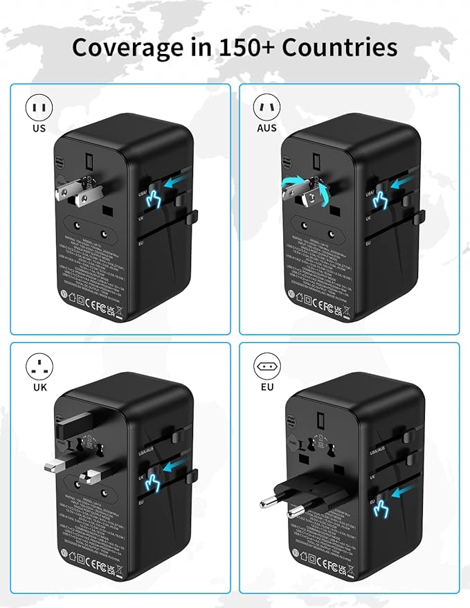 MOMAX 100W Universal Travel Adapter, 5-in-1 GaN International Power Adapter for Laptop, Phone, 2 USB-C PD & 2 USB-A QC Wall Charger, European Travel Plug Adapter for UK/US/AUS/JP, Travel Essentials