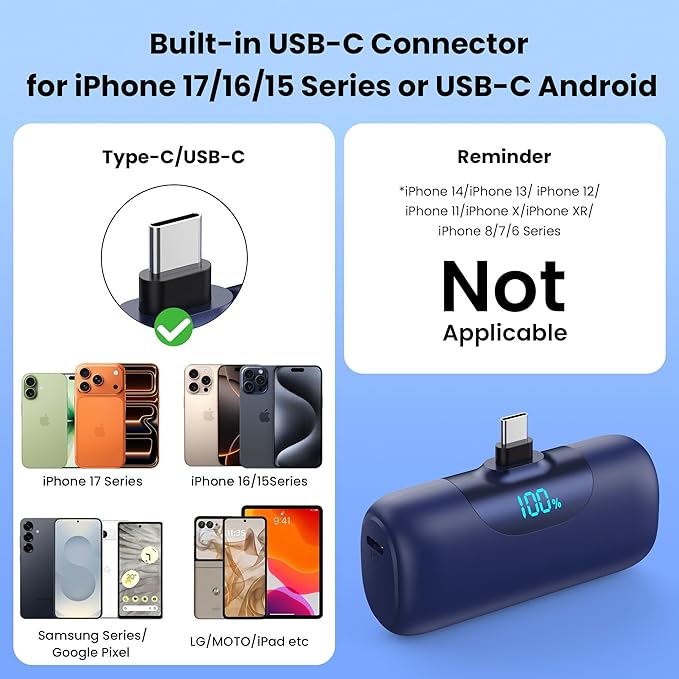 [2 Packs]Mini Portable Charger for iPhone 17/16,5500mAh LCD Display USB C Power Bank,Fast Phone Charging Travel Pocket Size Battery Pack for iPhone 17/17 Pro Max/Air/16/15 Series,Android(Black+Navy)