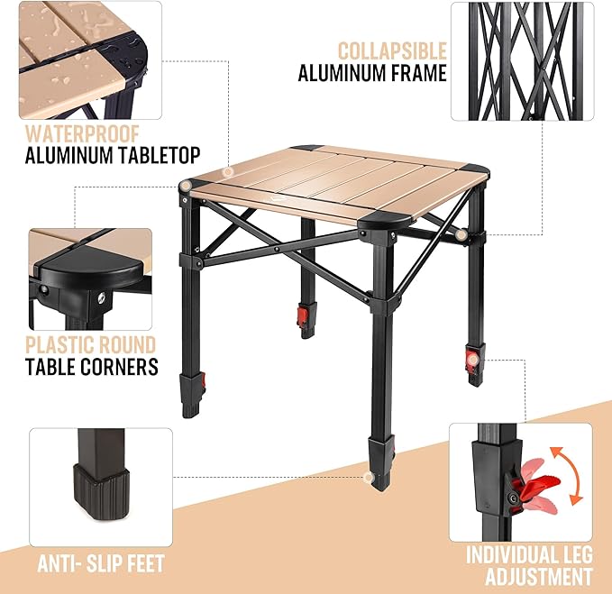 VILLEY Folding Camping Square Table with Carry Bag, Lightweight Aluminum Adjustable Square Table for Outdoor, Camping, Picnic, Backyards, BBQ, Small