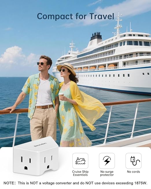 BEONDON Small Angled Outlet Extender, 3 Way Outlet Splitter Plug for Bathroom Kitchen and Other Tight Spaces, White, 1 Pack