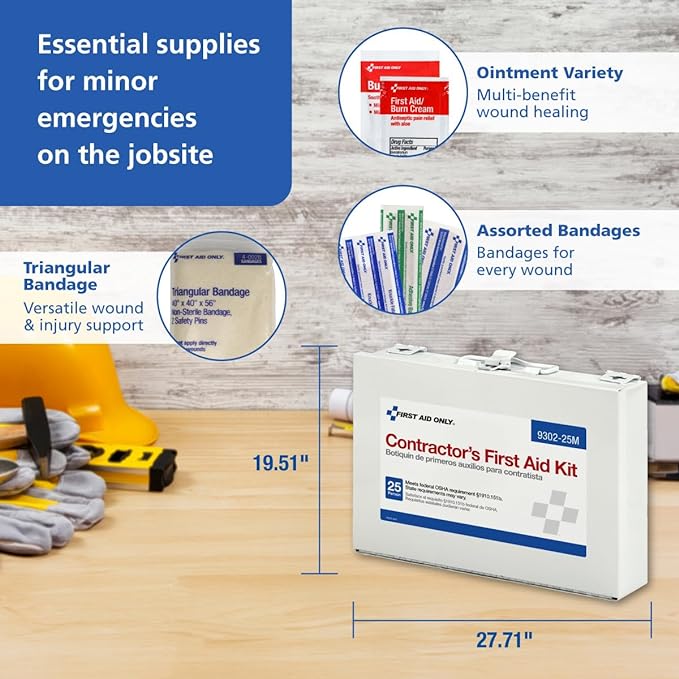 First Aid Only 9302-25M 25-Person Contractor's First Aid Kit for Home Renovation, Job Sites, and Construction Vehicles, 178 Pieces, Pack of 12