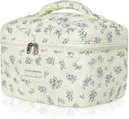 Gosect Large Travel Quilted Makeup Bag for Women,Big Floral Cotton Cosmetic Bag, Cute Coquette Aesthetic Floral Toiletry Organizer Bag (Blue Flower)