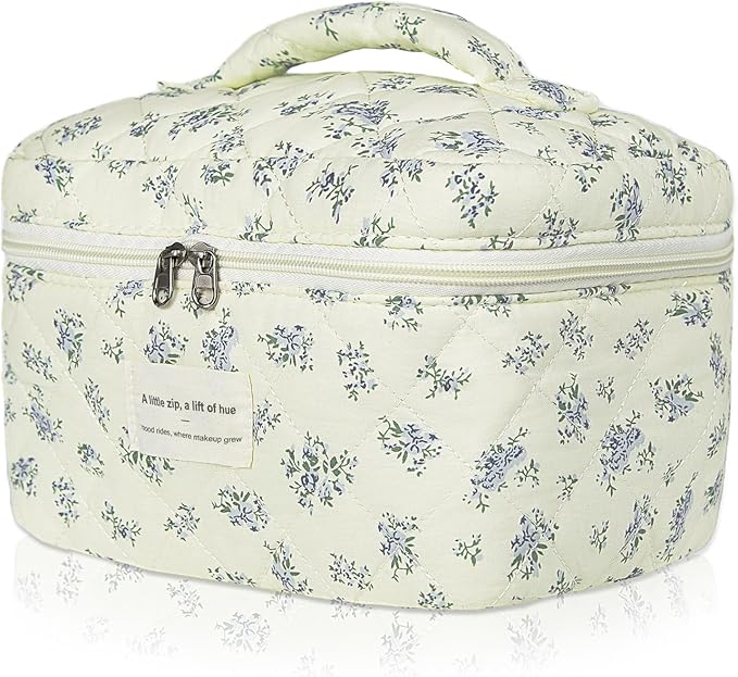 Gosect Large Travel Quilted Makeup Bag for Women,Big Floral Cotton Cosmetic Bag, Cute Coquette Aesthetic Floral Toiletry Organizer Bag (Blue Flower)