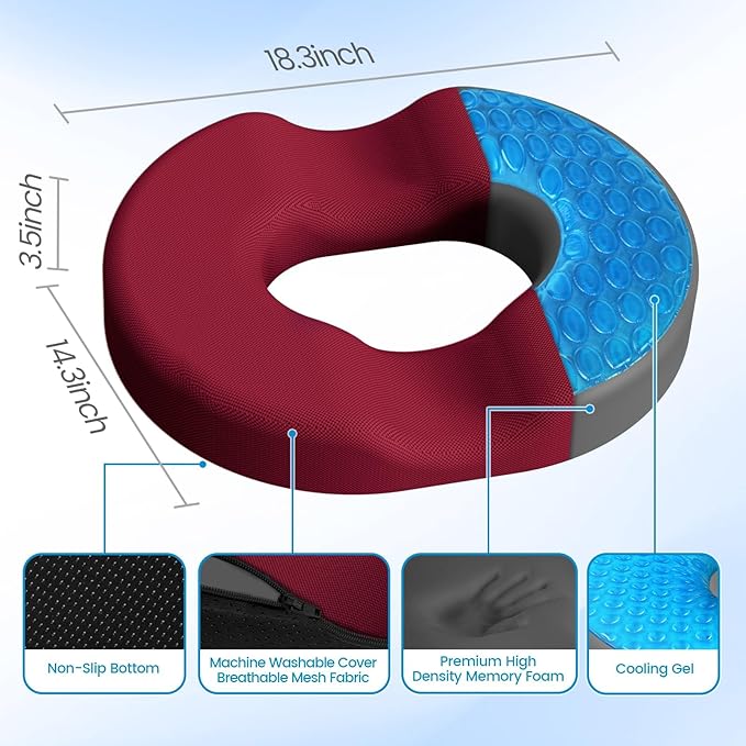 Donut Pillow Seat Cushion - Cooling Gel Donut Chair Cushions, Memory Foam Seat Cushion for Office & Home, Car Seat Cushion and Butt Pillow, Hemorrhoids Pillow and Tailbone Pain Relief, Red