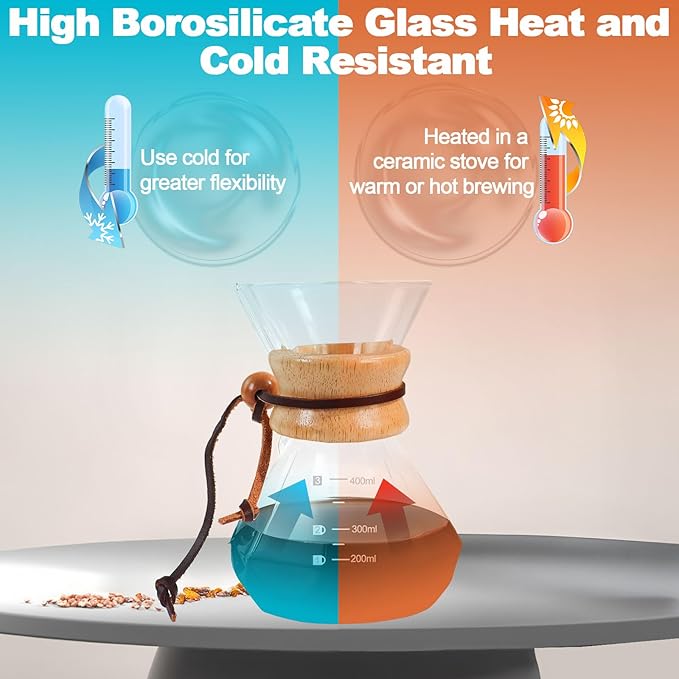 Pour Over Coffee Maker 400ml 13.5oz Glass Drip Coffee Maker with 304 Stainless Steel Filter High Borosilicate Glass Duckbill Spout Solid Wood Handle Pour Over Coffee Dripper for Daily Brewing