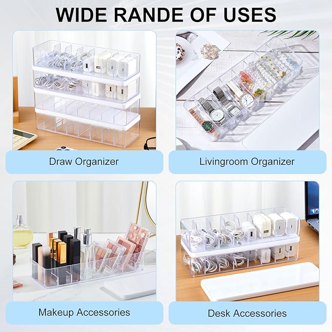 Tatuo 6 Pcs Cable Organizer Box with Wire Ties, Plastic Cord Storage Box with Lid, Electronics Organizer for Home Office Desk Organizers and Accessories (Clear,White)