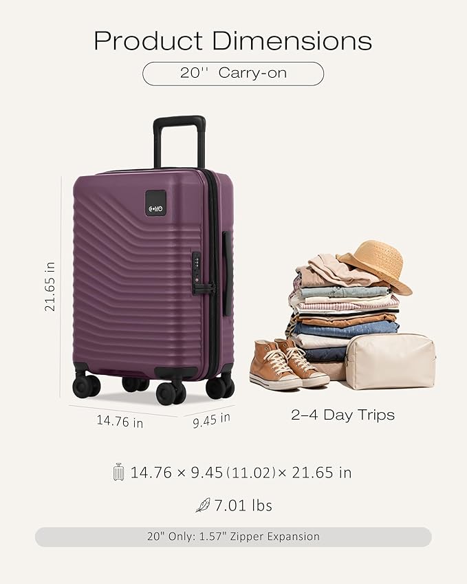 Coolife Carry On Luggage Expandable Hardside Upgrade PC Durable Lightweight Travel Suitcases with Dual Spinner Wheels & TSA Lock (Dark Purple, Carry-On 20-Inch)