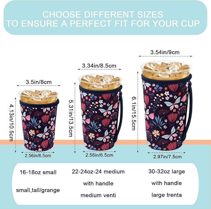 KJQJLY 3 Reusable Iced Coffee Sleeves for Iced Coffee Cups or Drinks Reusable Neoprene Insulated Sleeves for Hot and Cold Drinks from Starbucks, Dunkin, And More (Butterfly Bush)