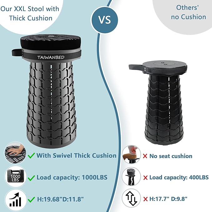 Upgraded XXL Taller 19.7" Wider 11.8" Collapsible Stool with Cushion,Adjustable Seat with Load Capacity 1000lbs, More Taller&Wider Portable Retractable Stool for Adults Camping Fishing Hiking BBQ
