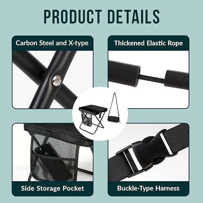 16" Portable Collapsible Stool - Folding Chair with Storage Pouch, Convertible Satchel for Hands-Free Carry & Supports 300Lbs, Ultralight for Hiking, Fishing, Camping, Festivals (Black, Large)