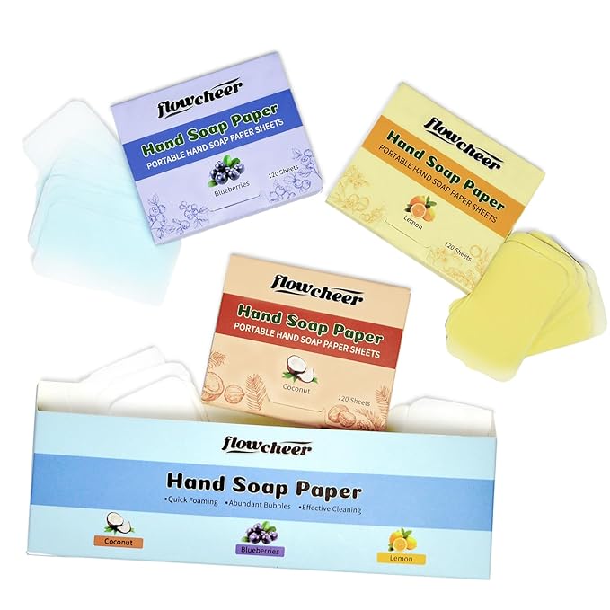 flowcheer Paper Soap Sheets (360 Pcs) - Lemon, Coconut, Blueberry Scents, Portable Travel Soap Sheets, Eco Dissolvable for Camping, Travel, Hiking, Outdoor & On-the-Go Hand Washing