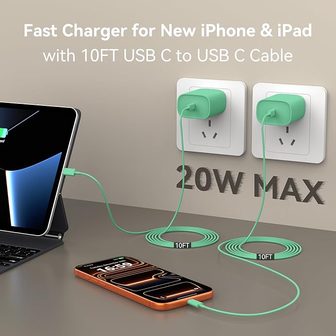 Phone 17 16 15 Charger Fast Charging, 10 FT Long USB C Charger Cord with 20W Type C Fast Phone Charging Block forPhone 17/17 Pro/17 Pro max/Air/Phone 16 15 Pro Max Plus, iPad, Android,Green