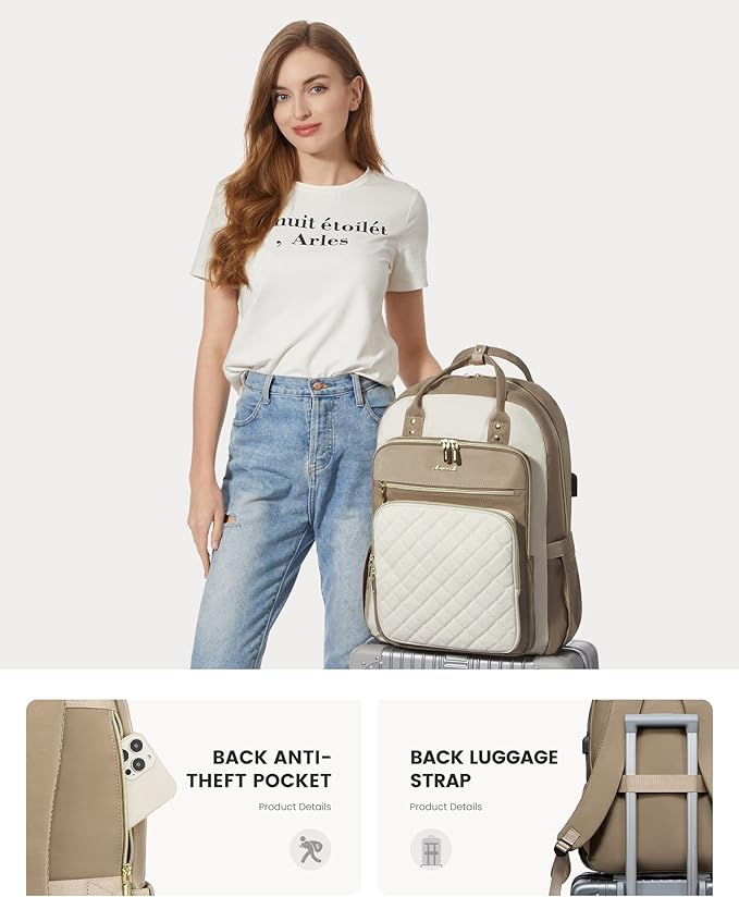 LOVEVOOK Laptop Backpack Purse for Women, 17" Laptop Bag with USB Port, Water Resistant Lightweight Daypacks for College Travel Work Business, Nurse Teacher Computer Bags, Khaki Beige