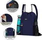 WANDF Drawstring Backpack with Shoulder Pad Sports Gym Backpack with Mesh Pocket String Bag for Women Men (Navy Blue)