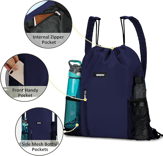 WANDF Drawstring Backpack with Shoulder Pad Sports Gym Backpack with Mesh Pocket String Bag for Women Men (Navy Blue)
