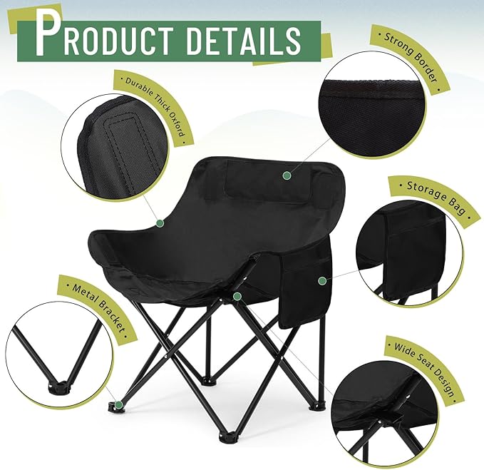 2 Pack Compact Camping Chairs Portable Folding for Outside with Carry Bag Lightweight Moon Chairs for Travel Picnic Hiking Beach Fishing, 600D Oxford, Supports 330lbs(Khaki, Black)