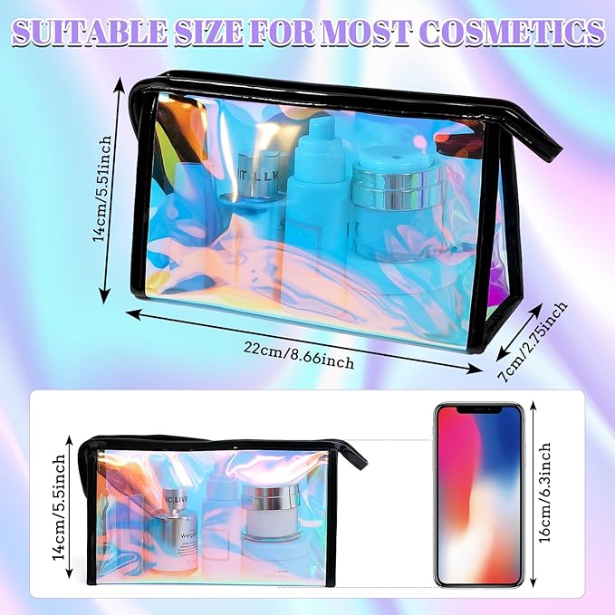 BESARME 10 Pcs Holographic Makeup Bags Bulk, Clear Portable Zippered Toiletry Bag Waterproof Cosmetic Bags SPA Bathroom Vacation Party Favors Bachelorette Gifts
