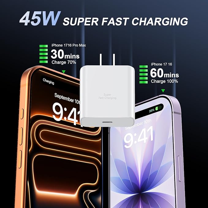 Phone 17 16 Pro Max Charger Fast Charging, 45W USB C Phone 17 16 Super Fast Charger Block with 10ft Long Type C Charging Cable Cord for i.Phone 17 Pro Max/17 Pro/17 Air/17/16/16Pro-Braided