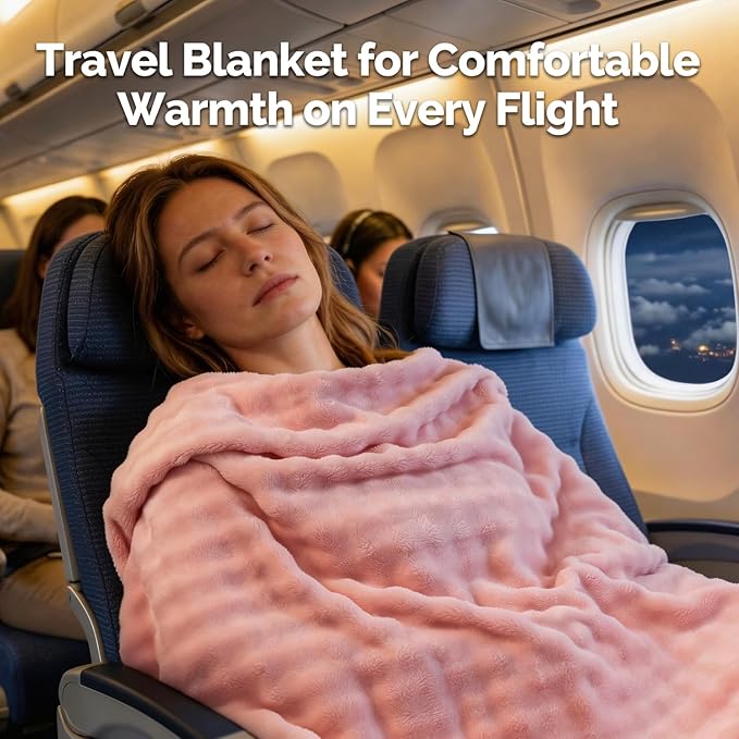 Pink Travel Blanket for Airplane, Soft Lightweight Flannel Blanket, Compact & Portable with Storage Bag, Luggage Strap & Clip, Cozy Travel Essential for Flights, Road Trips & More,40.7" x 64.1"
