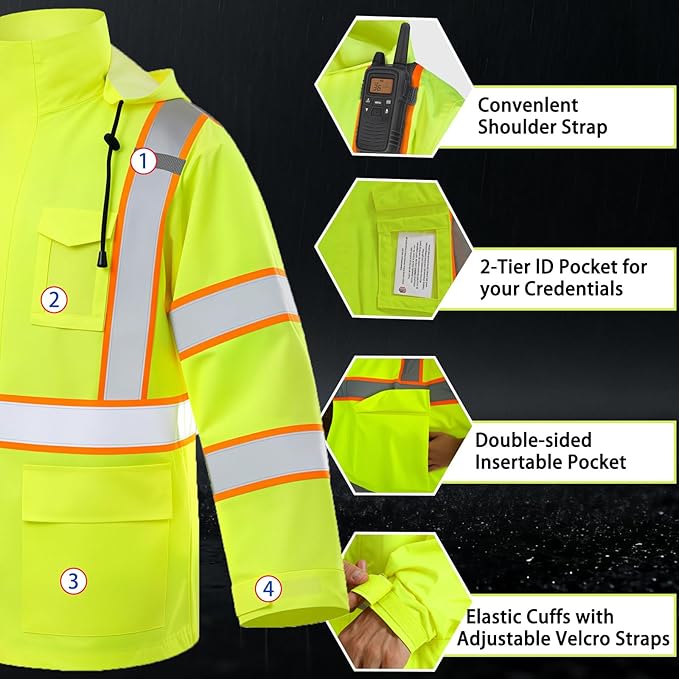 High Vis Reflective Safety Rain Jacket for Men, Class 3 Hi Vis Rain Gear for Construction Workers (Yellow,4XL/5XL)