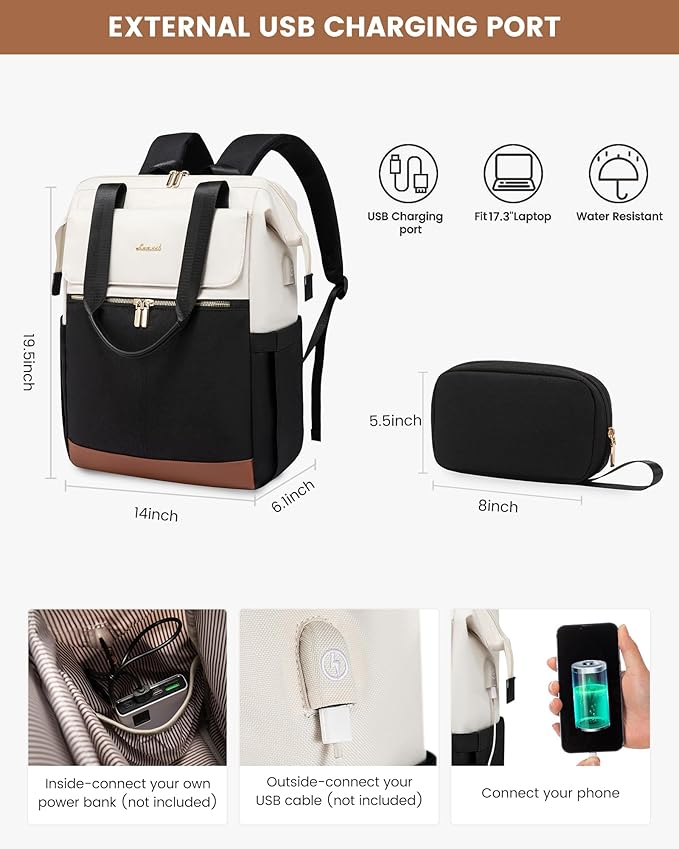 LOVEVOOK 17.3 Inch Laptop Backpack for Women, Large Capacity Travel Backpack with Organizer Bag, Waterproof Carry on Backpack Work Bag with USB Port, Teacher Nurse Backpack Purse, 2PCS, Beige-Black