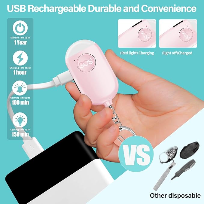 Hion Personal Safety Alarm for Women, Rechargeable 130dB Self Defense Alarm Keychain with LED Flashlight, Emergency Safe Sound Security for Children Elderly College Girls Men, Pink
