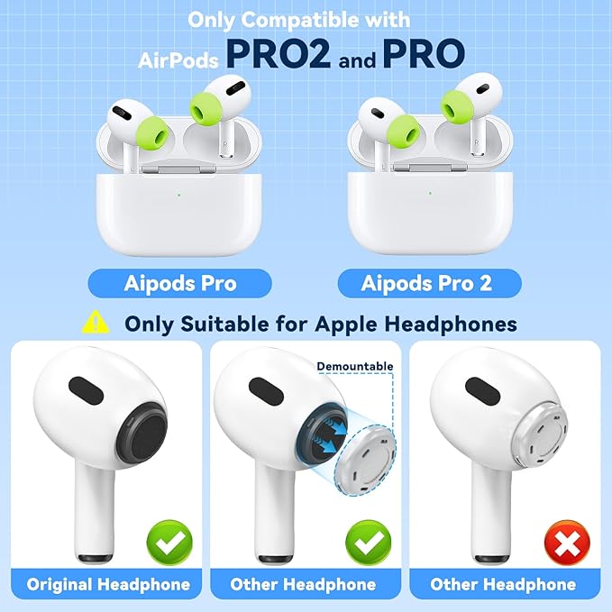 4 Pairs Replacement Ear Tips for AirPods Pro 2nd/1st Generation with Portable Storage Box & Cleaner Pen,Noise Reduction Holewith & Built-in dust Guard Screen,Silicone EarTips(Fluorescent Green)