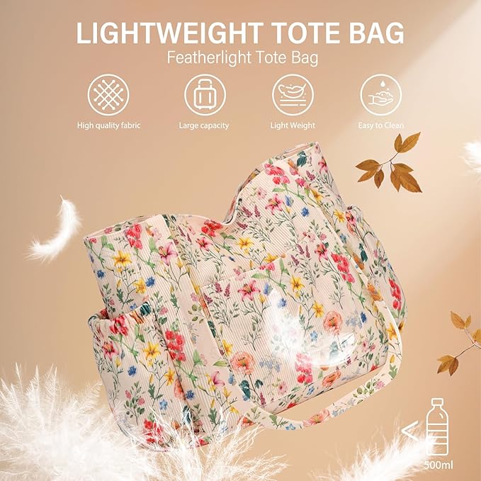 Corduroy Tote Bag for Women,Large Capacity Cute Tote Bags With 6 Pockets,Crossbody Shoulder Handbag for Work Travel Gym