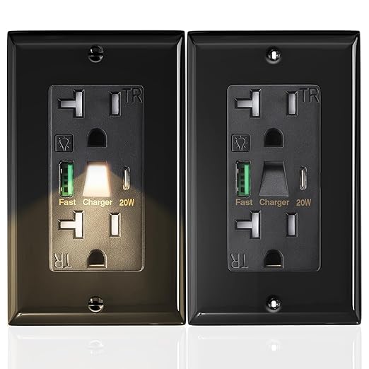 PD USB Outlet with Light,20W Power Delivery USB Receptacle with Night Light, 20A Tamper-Resistant Wall Outlet, Fast Charging Type A & USB-C Charger for Smartphones, Laptops, Tablets (2, Black-2P)