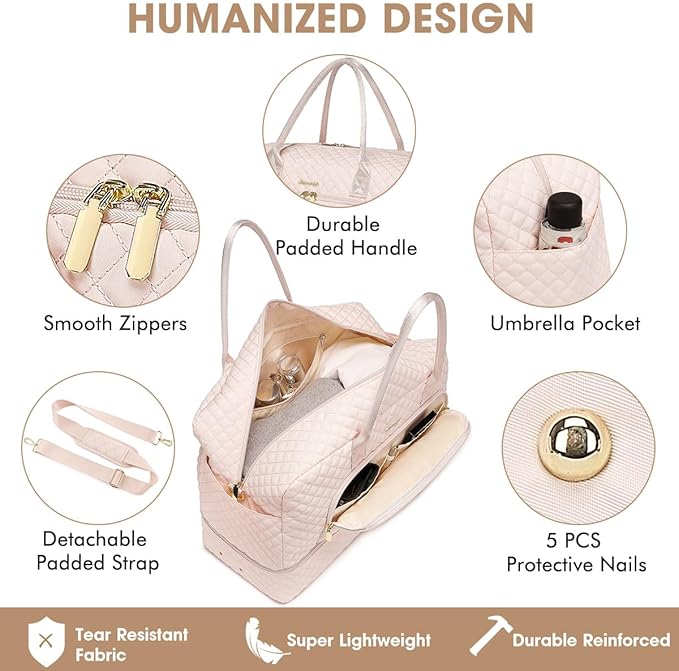 Weekender Overnight Bag Women: Large Travel Duffle Bag with Shoe Compartment & Wet Pocket Carry On Tote Bag Gym Duffel Bag with Toiletry Bag Bag for Hospital Beige