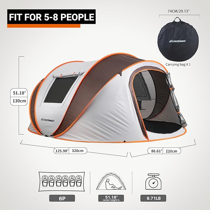 EchoSmile Pop Up Camping Tent, 2/4/6 Person Easy Setup Tent, Water Resistant Dome, Portable with Carry Bag