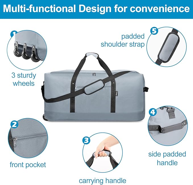Finnhomy 120L Foldable Rolling Duffel Bag with 3 Wheels, Light Weight Travel Duffel bag with Large Loading Capacity, 32'' Rolling Duffel bag with Shoulder Strap