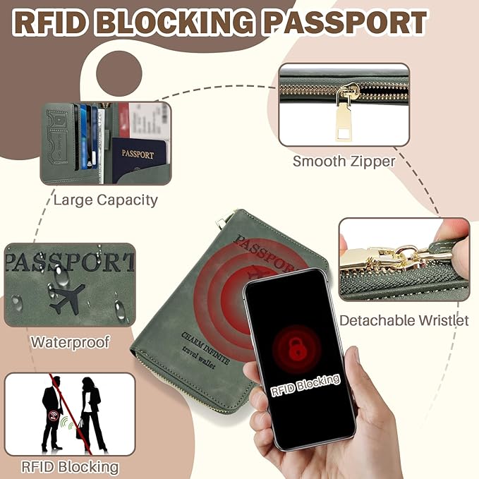 RFID Blocking Passport Wallet, Anti Theft PU Leather Passport Pouch with Tracker Case, Travel Document Organizer Zipper Wallet with Wrist Strap, Gifts for Women and Men (Black)