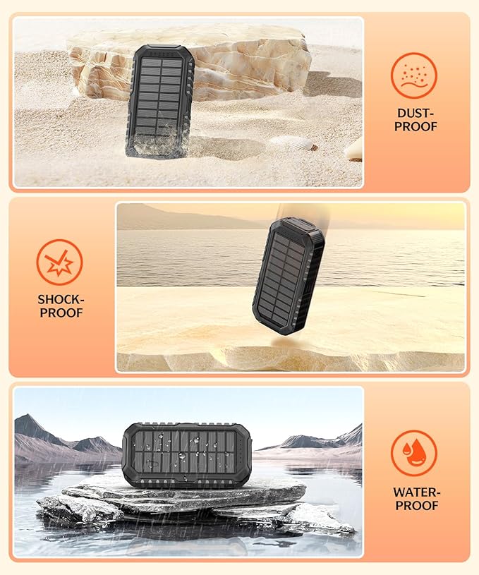 Solar Charger Power Bank 40000mAh Built in 4 Cables and Hand Crank, Portable Charger 22.5W Fast Charger 6 Outputs & 4 Inputs External Battery Pack with Bright Flashlight and Compass