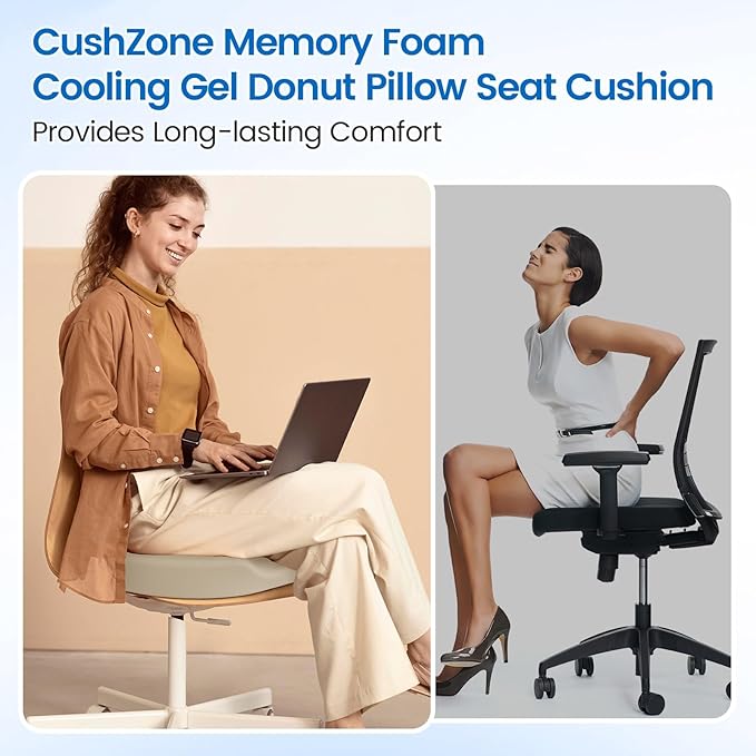 Donut Pillow Seat Cushion - Cooling Gel Donut Chair Cushions, Memory Foam Seat Cushion for Office & Home, Car Seat Cushion and Butt Pillow, Hemorrhoids Pillow and Tailbone Pain Relief, Khaki