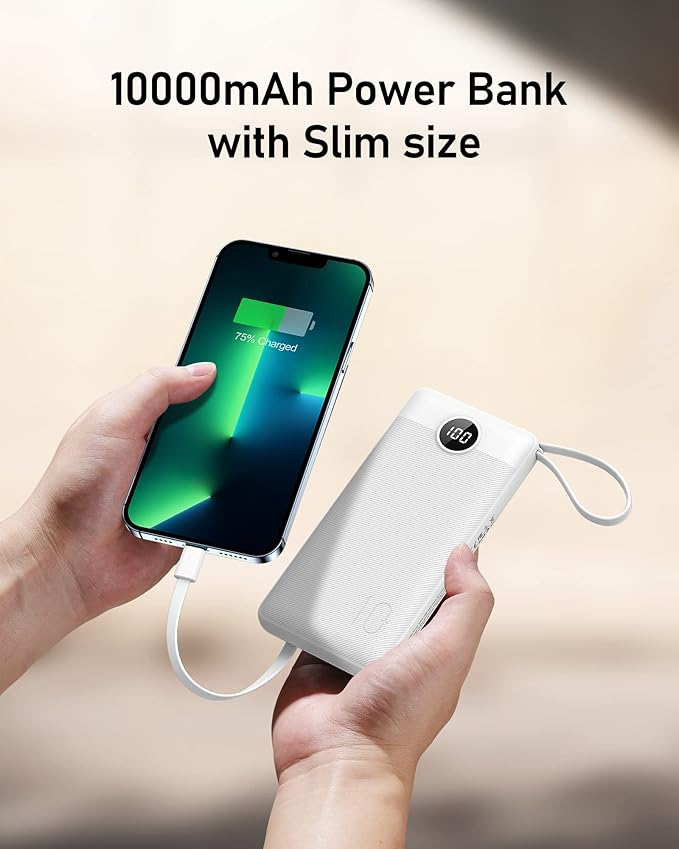 VEEKTOMX Portable Charger Built-in Cables, 10000mAh Power Bank for iPhone, Fast Charge USB C Battery Pack Travel Essentials Powerbank Compatible with iPhone 17/16/15/14, Samsung S25/24, Android, etc