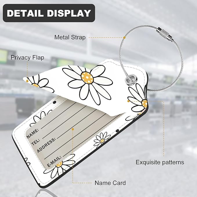 2Pack Luggage Tags for Suitcases, Cute Unique Pu Leather Cruise Luggage Tag with Privacy Cover ID Label Address Card and Metal Ring Suitable for Women Men Kids Travel Bag Black-lined Flower