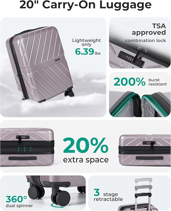 BAGSMART Carry on Luggage 22x14x9 Airline Approved with TSA Lock, 100% Polycarbonate Hardside Suitcase with Spinner Wheels, Rose Purple