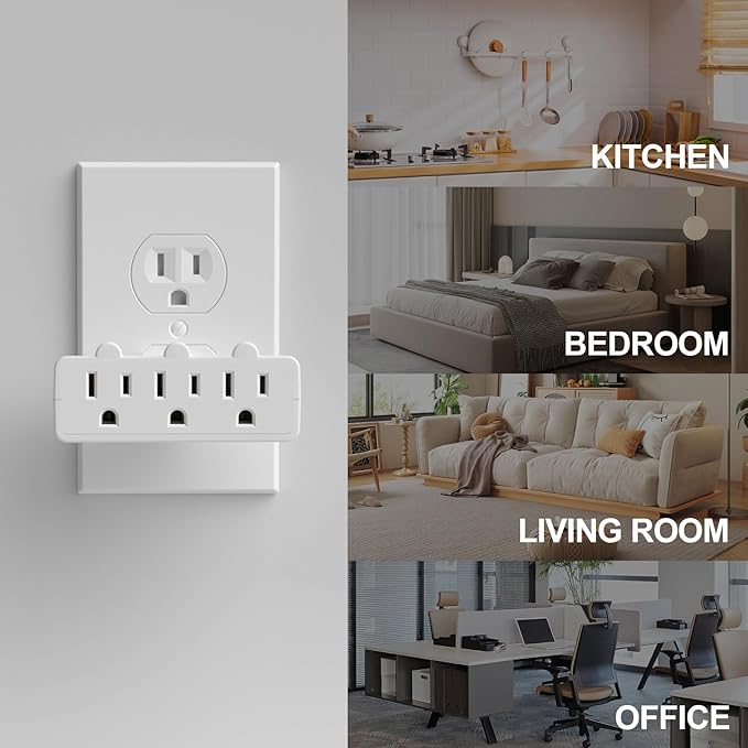 oviitech 3 Outlets 3-Prong Swivel Wall Adapter, Grounded 180 Degree Electrical Plug Adapter, Indoor Rated,White.