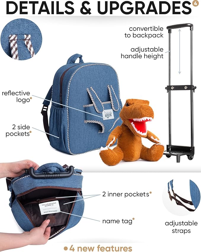 【Upgraded】Toddler Luggage for Boys w Removable Dinosaur Toy | Side & Inner Pockets, Reflective Logo, Name Tag | Kids Rolling Backpack | Travel & Birthday Gifts for 3 4 5 6 Year Old