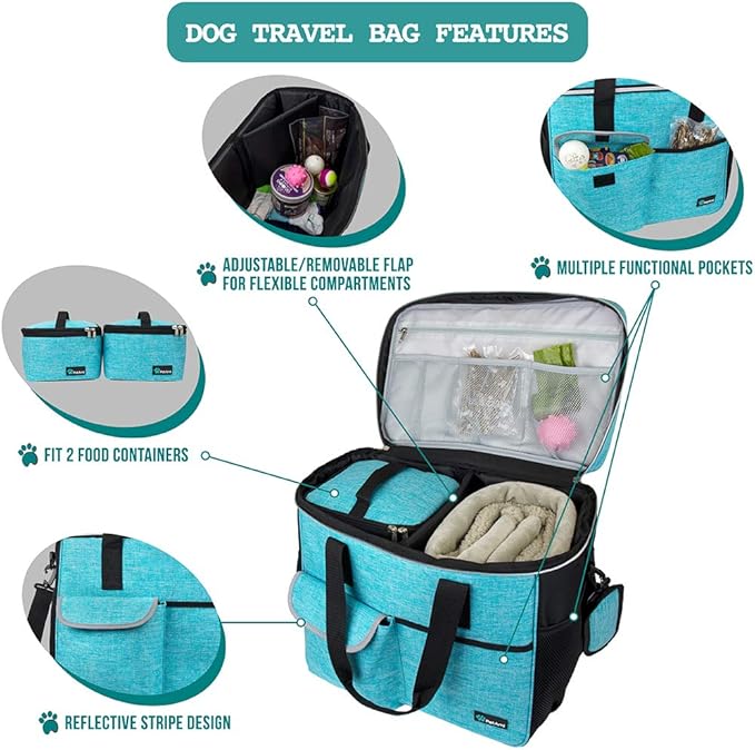 PetAmi Dog Travel Bag, Travel Pet Bag Organizer, Dog Food Travel Bag with Container Collapsible Bowls, Pet Travel Supplies Gift Accessories for Weekend Camping, Puppy Cat Diaper Bag, Teal Blue Large
