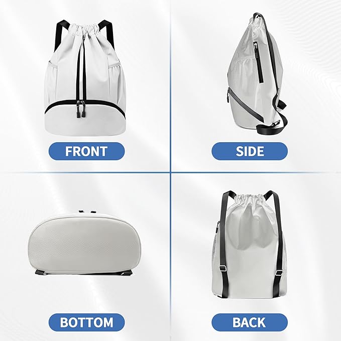JELUTAR Drawstring Backpack Gym Bag with Shoes Compartment for Soccer, Basketball, Swim, Water-Resistant String Backpack Beach Cinch for Women Men, White