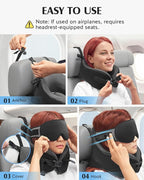 YFONG Travel Pillow for Long Flight Airplane, Head Strap Combo with 3D Contoured Sleep Eye Mask, Neck Pillow for Travel Essential, 360° Support Memory Foam Headrest, Prevent Bobbing, Drawstrap - Black