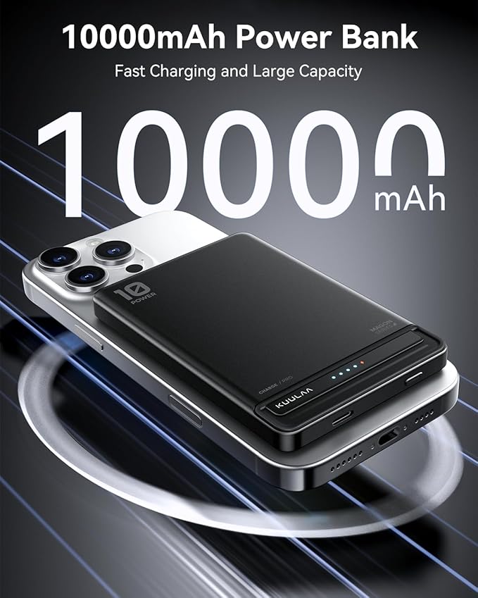 Kuulaa 10000mAh MagSafe Battery Pack, 0.51in Ultra Slim Magnetic Power Bank with LED Indicator, 20W PD USB-C Fast Charging Portable Charger for iPhone 17/16/15/14/13/12,Black