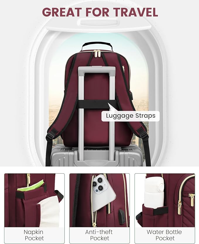 LOVEVOOK Laptop Backpack Purse for Women, Work Business Travel Computer Bags, College Nurse Backpack for Womens, Quilted Casual Daypack with USB Port, Fit 15.6 Inch Laptop, Wine Red