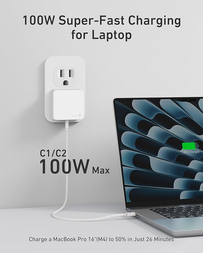 Nekmit 100W Flat USB C Charger Block, 3-Port GaN Fast Wall Charger(2*USB-C & 1*USB-A), USB C Wall Plug with Fixed Prongs for iPhone 17/16, MacBook Pro/Air, iPad, Galaxy and More
